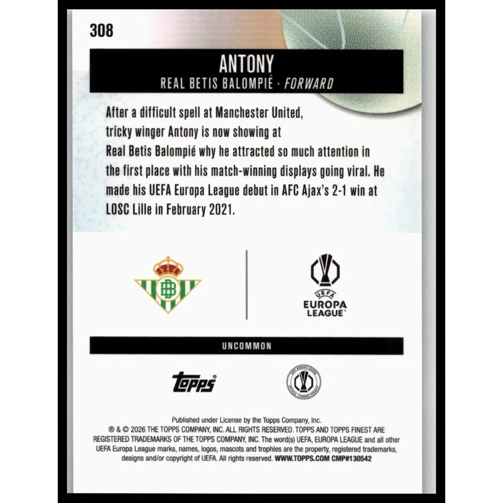 2025-26 Finest UEFA Antony #308 Betis Uncommon